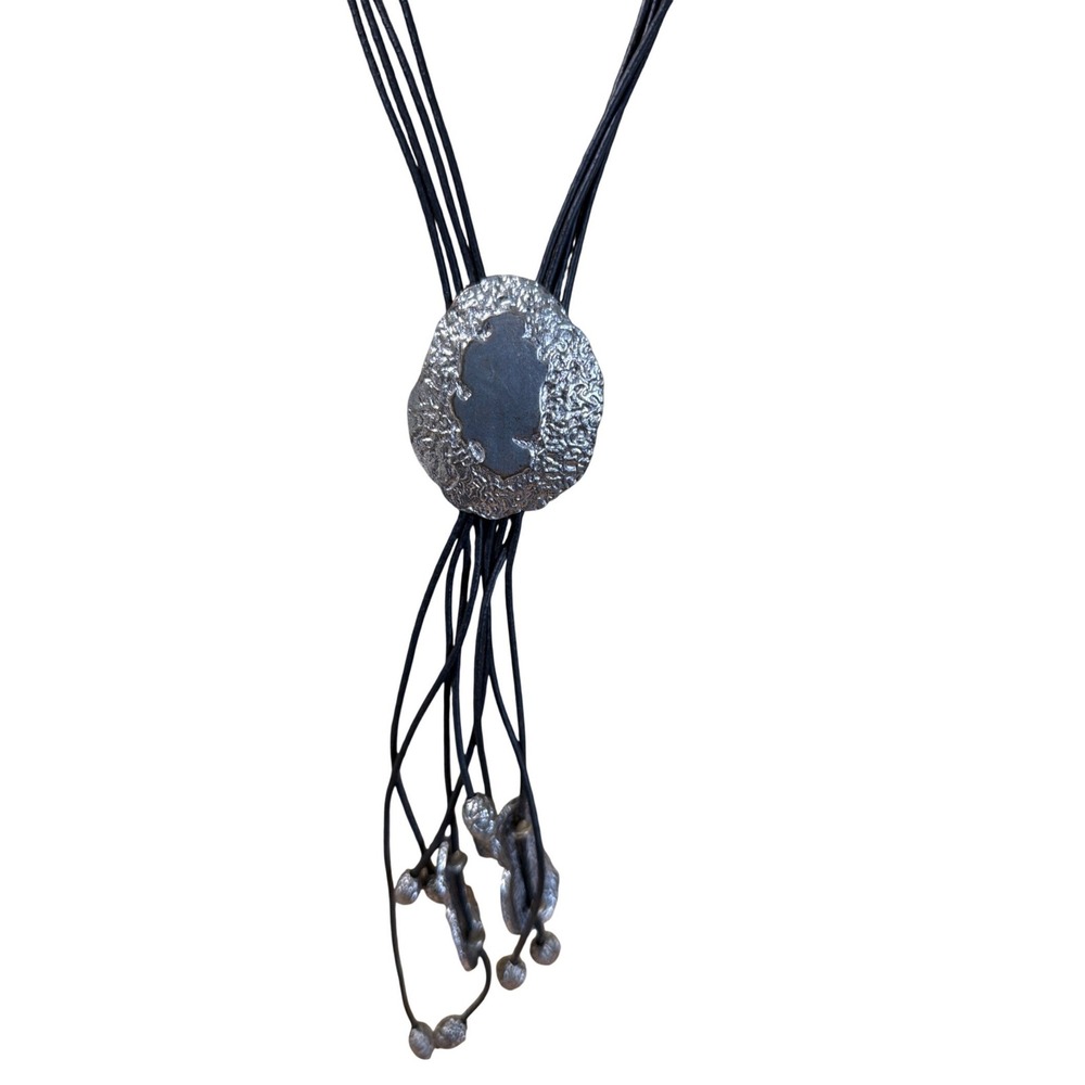 Chicos Multi Strand Cord Necklace Hammered Silver Tone Organic Pendant Tassel